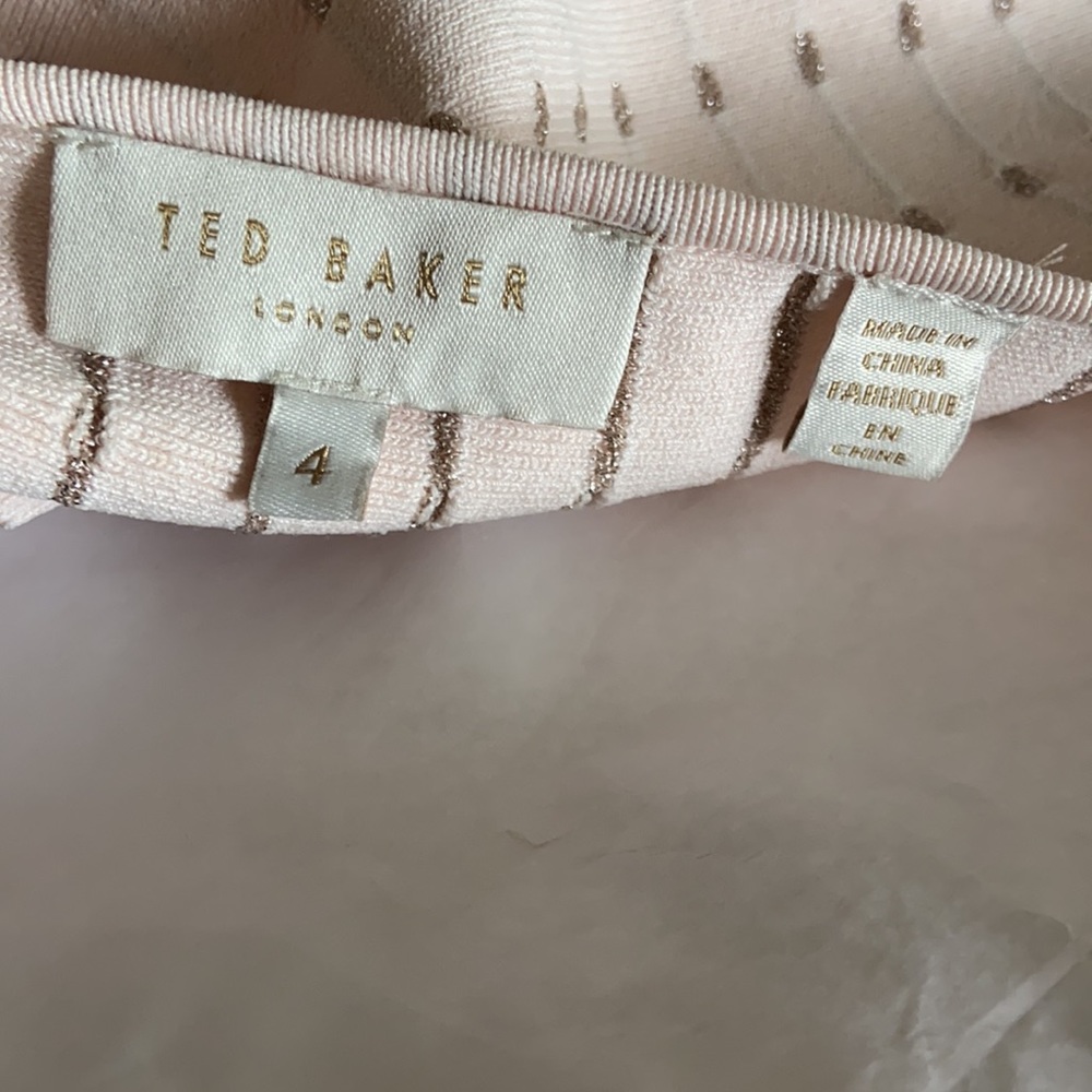 TED BAKER-  Pink Metallic Gold RELIOA Jacquard Knit Drop Waist Dress - Picture 5 of 6